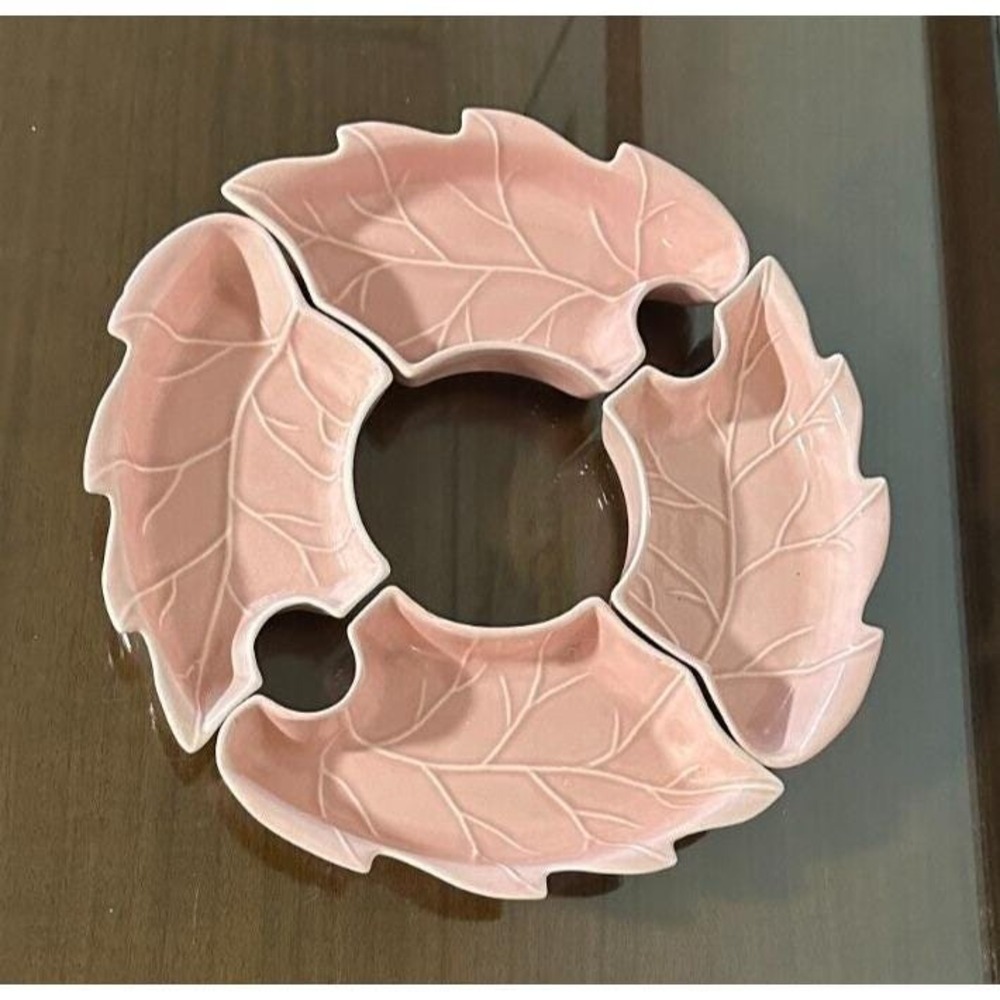Vintage Pink Ceramic Leaf Serving Dish Set 4 Piece Made in USA 275 CP MCM Retro